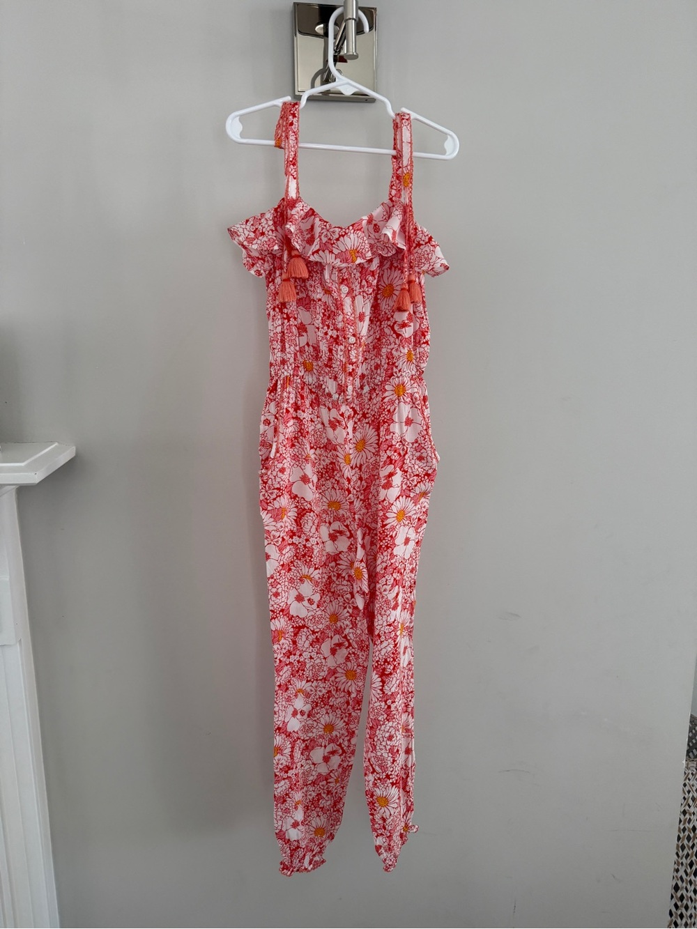 Poupette St. Barth Girls Red Pink Floral One-Piece Jumpsuit